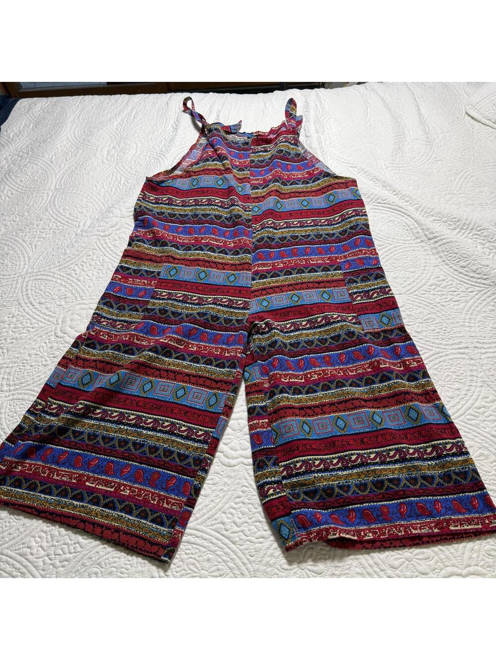 VONDA‎ BOHO Striped Cropped Romper, adjustable straps. Cotton/Linen SZ M Hippie